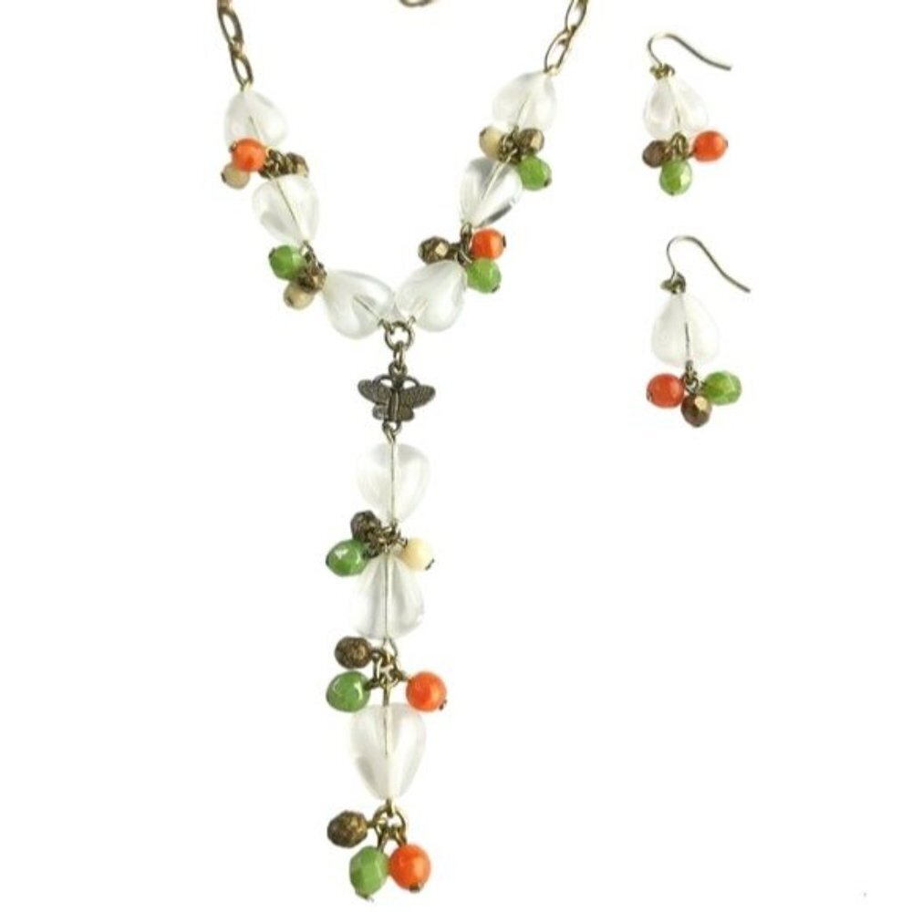 Vintage Czech artisan beaded white milk glass butterfly necklace earring set - Picture 7 of 7